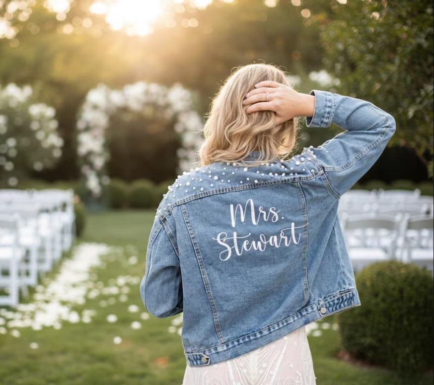 Embroidery Jacket - Custom Embroidered Bride Denim Jacket, Bride