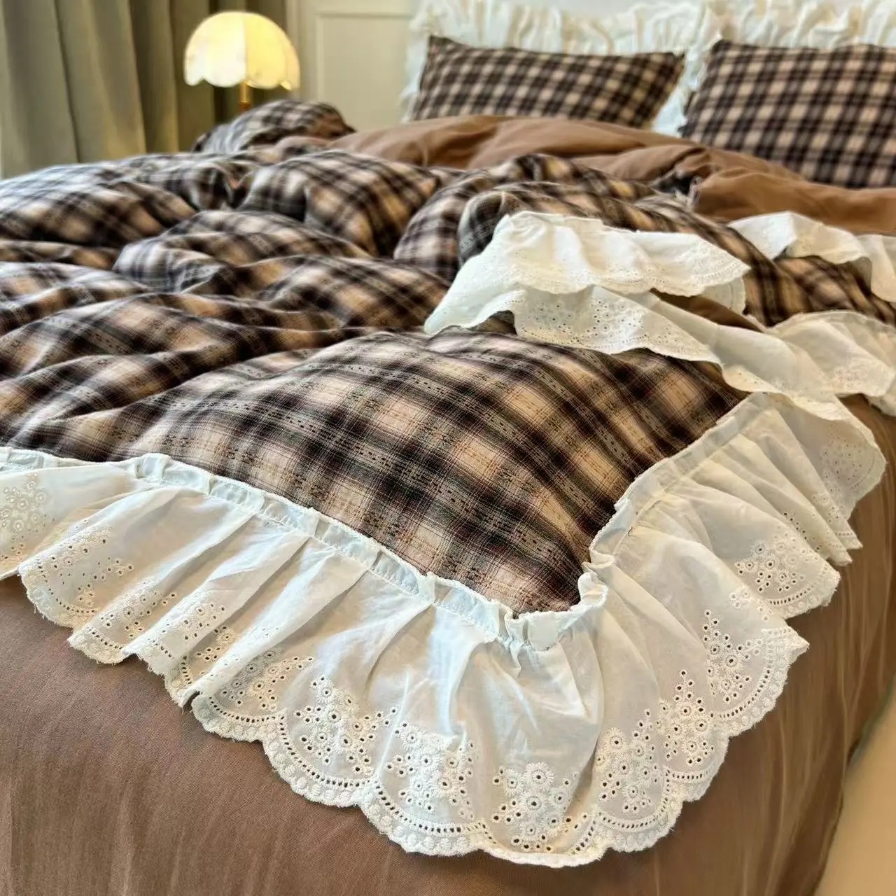 Embroidery Quilt Cover - Korean-Style Red Plaid Washed Bedding Set