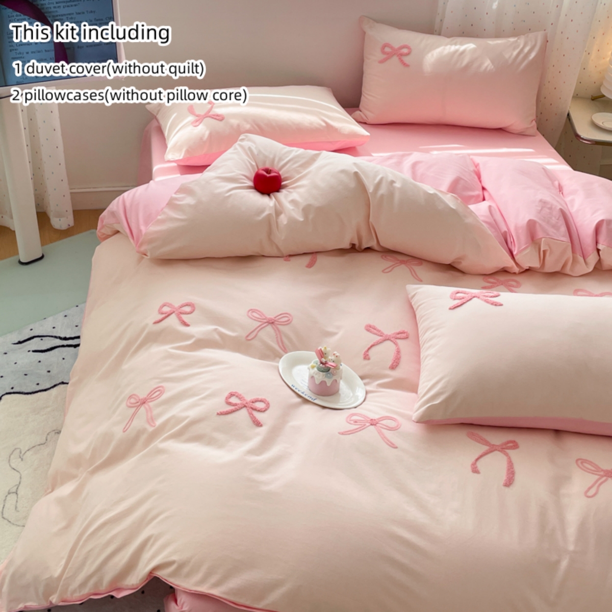 3 Piece Sheet Set  pink bowkno - Embroidery Quilt Cover ulasan dan harga