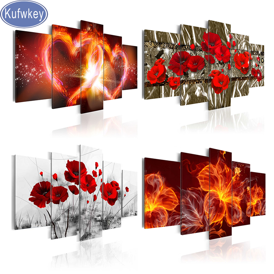 Red Flora diamond painting 5 P - Embroidery Rose Stitch ulasan dan harga